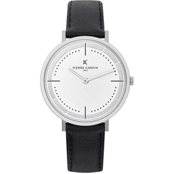 Pierre Cardin Herren analoge Quarz-Uhr mit Leder-Armband Armband-Uhr 3ATM 41mm CBV.1025 Silber/Schwarz