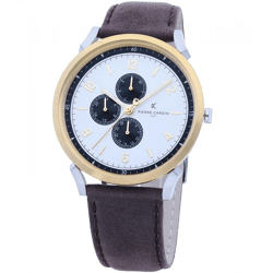 Pierre Cardin Herren Armband-Uhr mit Multi-Ziffernblatt analoge Quarz-Uhr mit Leder-Armband 3ATM 44mm CPI.2061 Braun/Gold/Silber