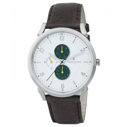 Pierre Cardin Herren Armband-Uhr mit Multi-Ziffernblatt analoge Quarz-Uhr mit Leder-Armband 3ATM 44mm CPI.2057 Silber/Braun/Grün