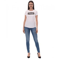 PUMA City Damen Baumwoll-Shirt mit Praha/Prag Schriftzug Kurzarm-Shirt Rundhals-Shirt 575957 20 Weiß/Schwarz