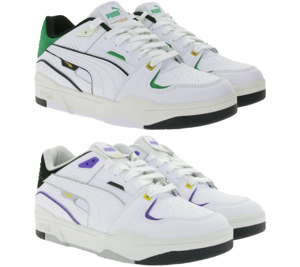 PUMA SLIPSTREAM Echtleder-Schuhe im Retro-Vibe Freizeit-Sneaker mit farbigen Akzenten Schn&uuml;r-Schuhe 393266 Wei&szlig;/Lila oder Wei&szlig;/Gr&uuml;n