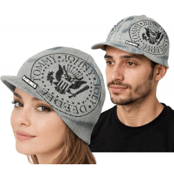 RAMONES Rockband Schirm-Beanie mit Band-Print Strick-Mütze mit Patch Fan-Beanie KC100814RAM Grau