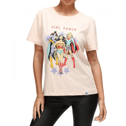 RE:COVERED X DC Damen T-Shirt mit Girl Power Aufdruck Baumwoll-Shirt Rundhals-Shirt RCWARN614 Rosa