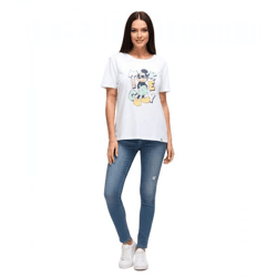 RE:COVERED X Disney Damen nachhaltiges T-Shirt mit Mickey Mouse Aufdruck in Pastell-Farben Baumwoll-Shirt Rundhals-Shirt RCDIF2072 Weiß