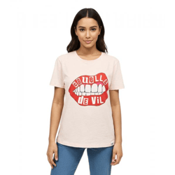 RE:COVERED X Disney Damen T-Shirt mit Cruella Devil Lips Aufdruck Baumwoll-Shirt Rundhals-Shirt MMDIS2596 Rosa