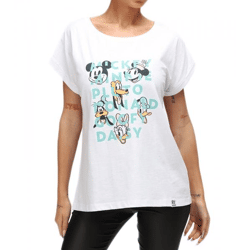 RE:COVERED X Disney Damen T-Shirt mit Mickey Mouse and Friends Aufdruck Baumwoll-Shirt Rundhals-Shirt RCDIF2065 Weiß