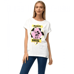 RE:COVERED X Disney Damen T-Shirt mit Mickey Mouse Aufdruck Shirt Baumwoll-Shirt Rundhals-Shirt MMDIS2676 Ecru-Weiß