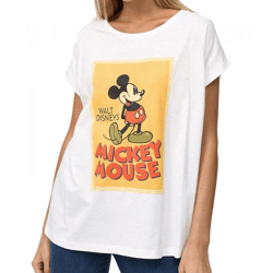 RE:COVERED X Disney Damen T-Shirt mit Mickey Mouse Print Baumwoll-Shirt Rundhals-Shirt MMDIS2591 Wollweiß
