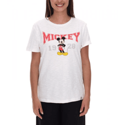 RE:COVERED X Disney Damen T-Shirt mit Mickey Mouse Print Baumwoll-Shirt Rundhals-Shirt MMDIS2587 Wollweiß