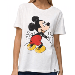 RE:COVERED X Disney Damen T-Shirt mit Mickey Mouse Print Baumwoll-Shirt Rundhals-Shirt MMDIS2580 Woll-Weiß