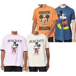 RE:COVERED X Disney Herren T-Shirt mit Grumpy Mickey Mouse Print Baumwoll-Shirt mit großem Schriftzug Rundhals-Shirt Beige, Blau, Violett 