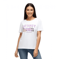 RE:COVERED X Looney Tunes Damen T-Shirt mit THATS ALL FALKS Schriftzug Baumwoll-Shirt Rundhals-Shirt RCWARN6612 Weiß
