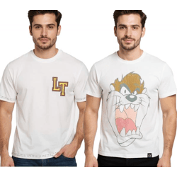 RE:COVERED X LOONEY TUNES Herren T-Shirt mit Tasmanischer Teufel oder Basketball Print Baumwoll-Shirt Rundhals-Shirt Ecru-Weiß