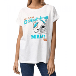 RE:COVERED X NFL Damen T-Shirt mit Miami Dolphins Print Baumwoll-Shirt Rundhals MMNFL1052 Weiß