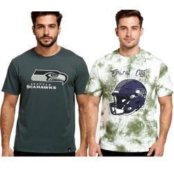 RE:COVERED X NFL Seattle Seahawks Herren T-Shirt mit Logo-Print Baumwoll-Shirt Rundhals-Shirt Grau oder Grün-Batik