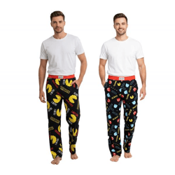 RE:COVERED X Pac-Man Loungepants Herren Schlafanzug-Hose mit Pac-Man Allover-Print Pyjama-Hose in Schwarz/Gelb oder Schwarz/Rot