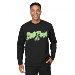 RE:COVERED X Pink Floyd Herren Langarm-Shirt mit Vibrant Green Logo-Print Baumwoll-Longsleeve Pullover MMPER774 Schwarz