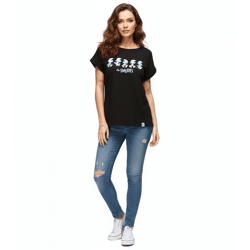 RE:COVERED X Schlümpfe Damen T-Shirt mit Schlumpf Print Baumwoll-Shirt Boyfriend-Cut Rundhals-Shirt RCSMF117 Schwarz