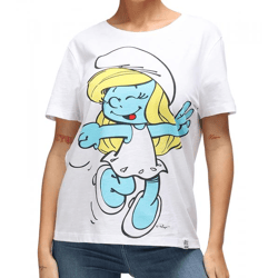 RE:COVERED X Schlümpfe Damen T-Shirt mit Schlumpfine Print Baumwoll-Shirt Rundhals-Shirt RCSMF118 Weiß
