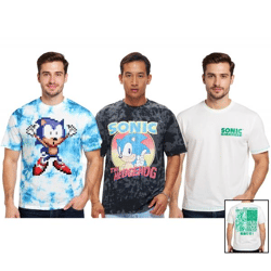 RE:COVERED X SEGA Herren T-Shirt mit Sonic-Print Baumwoll-Shirt Rundhals-Shirt RCSEGA55 in Blau/Weiß, Grau oder Ecru-Weiß