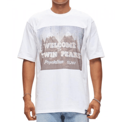 RE:COVERED X Twin Peaks Herren T-Shirt mit großem Front-Print Baumwoll-Shirt Kurzarm-Shirt RCVCM692 Weiß