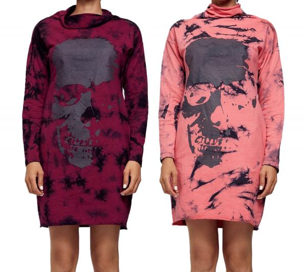 ROCKUPY Damen Sweat-Kleid mit Totenkopf-Print Pullover-Kleid Langarm-Kleid 393822 Bordeaux-Rot oder Rosa