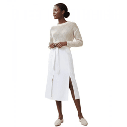 Romantic Women's Summer Skirt with Tie Belt, Made of Pure Linen, Midi Skirt 905991 White