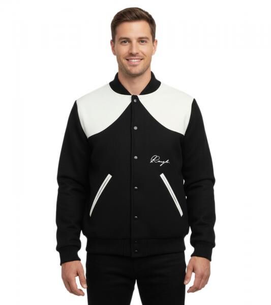 ROUGH. Herren Collegejacke mit Leder-Details stylische Leder-Jacke Schwarz/Wei&szlig;
