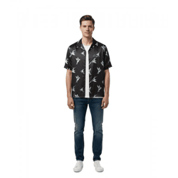 Rough Men's Silk Shirt: Luxurious short-sleeve shirt made of pure silk with an all-over hummingbird print  Black