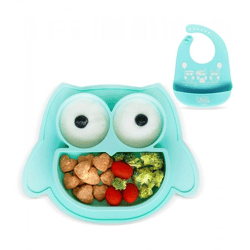 Rutschfestes Brunoko Silikon-Babyteller 2-in-1 Baby-Tellerset Lätzchen mit Auffangschale aus Silikon BPA-frei Mint-Grün