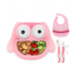 Rutschfestes Brunoko Silikon-Babyteller 3-in-1 Baby-Tellerset + Babylöffel + Lätzchen mit Auffangschale aus Silikon BPA-frei Rosa
