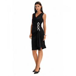schickes Damen Kleid mit Strasssteinen Abend-Kleid Cocktail-Kleid ärmellos 917457 Schwarz