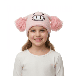 Schweinchen Mütze Teenager Beanie mit Bommeln und niedlichem Gesicht vorne BE170080PLW Rosa