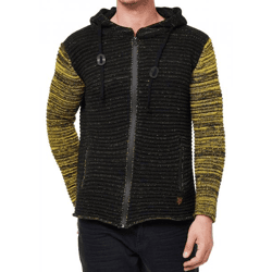 Schwere Herren Grobstrick-Jacke mit Kapuze und Zipper Biker Sweat-Jacke 13408 Schwarz/Gelb