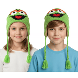 Sesamstraße Oskar aus der Tonne Mütze Kinder Beanie mit Zöpfen KC148220SES Grün