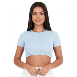 Sixth June Women's Crop Top, Ribbed Summer Shirt with Back Cutout, Short-Sleeve Shirt W33854KTO-L Light Blue