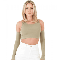 Sixth June Damen geripptes Crop-Top Cropped-Pullover mit abnehmbaren Ärmeln Langarm-Shirt W34131KTO Grün