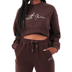Sixth June Signature Women's Cropped Sweater with Large Signature Embroidery, Crew Neck Sweater 32557 Brown