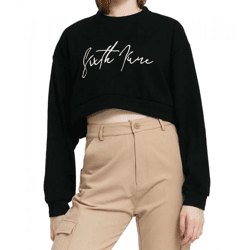 Sixth June Signature Women's Cropped Sweater with Large Signature Embroidery, Crew-Neck Sweater 32557, Black