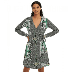 sommerliches Damen Mini-Kleid Wickel-Kleid mit Paisley-Muster 942167 Schwarz/Grün/Weiß