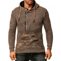 Sportiver Herren Kapuzen-Pullover mit Half-Zip und Strukturstrick Hoodie Sweater 13323 Braun