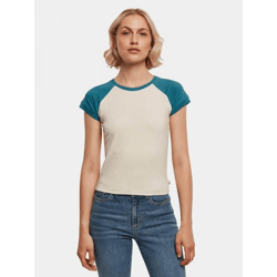 sportliches Urban Classics Damen T-Shirt Stretch 180 g/m² mit Baumwolle Creme-Weiß/Petrol-Blau
