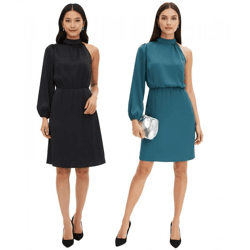 Stilvolles Damen One-Shoulder-Kleid aus glänzendem Satin Ausgeh-Kleid 925469 in Grün oder 919324 in Schwarz
