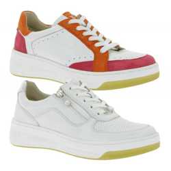Stylish CAPRICE women's sneakers made of high-quality leather—CAP Climo FB in plain white or white/multicolored with a layered look