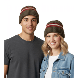 Stylische Häkel-Mütze Winter-Mütze weiche Strick-Mütze mit Streifen Baumwoll-Mütze 7313GUY Olivgrün/Rot/Weiß