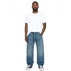stylische Herren Jeans im Jogger-Stil Denim-Hose Baggy Leg mit Bindeband BR-12000-201 Dunkel-Blau