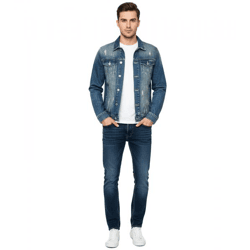 Stylische Herren Jeans-Jacke im Vintage-Look Used Waschung Kentkragen Denim-Jacke 8220 Vintage Blau