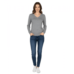 Stylish Women's Knit Sweater with V-Neck, Premium Cotton, 133-015, Gray