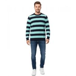Stylischer ESPRIT Herren Strick-Pullover im Streifen-Design Rundhals-Sweater Baumwoll-Pullover Dunkelblau/Türkis