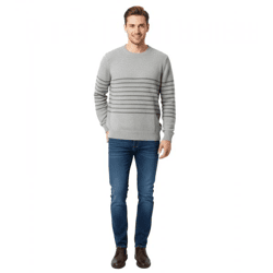 Stylish ESPRIT Men's Striped Knit Sweater, Crew Neck, Cotton Sweater, Gray